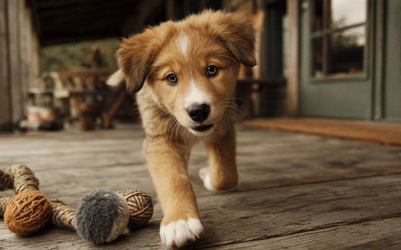Cachorro desarrollando confianza, pensamiento tranquilo y exposición saludable — no agotamiento