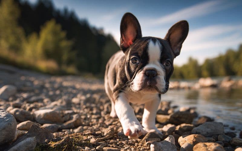 El cachorro desarrolla la propiocepción en una orilla rocosa del río